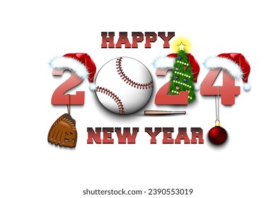 Happy new year. 2024 with baseball ball. Numbers in Christmas hats with baseball glove and Christmas tree ball. Original template design for greeting card. Vector illustration on isolated background