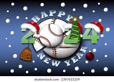Happy new year. 2024 with baseball ball. Numbers in Christmas hats with baseball glove and Christmas tree ball. Original template design for greeting card. Vector illustration on isolated background