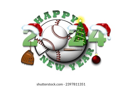 Happy new year. 2024 with baseball ball. Numbers in Christmas hats with baseball glove and Christmas tree ball. Original template design for greeting card. Vector illustration on isolated background