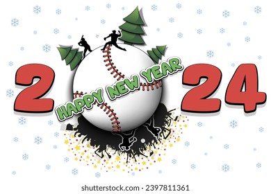 Happy new year. 2024 with baseball ball, Christmas trees, baseball players and fans. Original template design for greeting card, banner, poster. Vector illustration on isolated background
