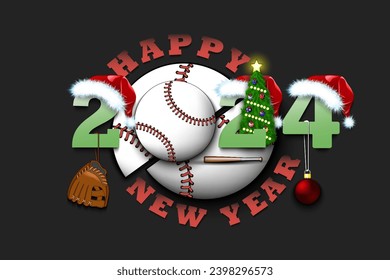 Happy new year. 2024 with baseball ball. Numbers in Christmas hats with baseball glove and Christmas tree ball. Original template design for greeting card. Vector illustration on isolated background