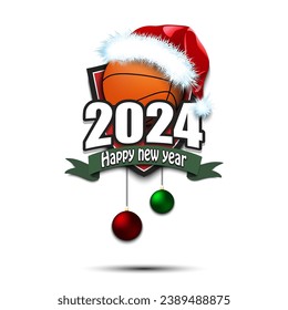 Happy new year 2024. Basketball logo template design. Basketball ball in santa hat. Design pattern for greeting card, banner, poster. Vector illustration on isolated background