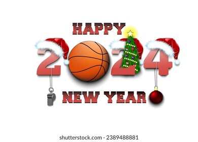 Happy new year. 2024 with basketball ball. Numbers in Christmas hats with whistle and Christmas tree ball. Original template design for greeting card. Vector illustration on isolated background