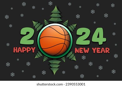 Happy new year. 2024 with basketball ball and Christmas trees. Original template design for greeting card, banner, poster. Vector illustration on isolated background