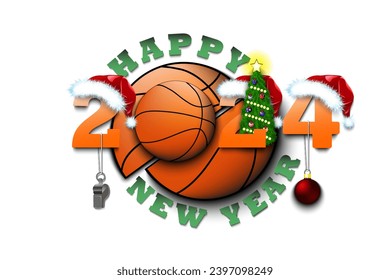 Happy new year. 2024 with basketball ball. Numbers in Christmas hats with whistle and Christmas tree ball. Original template design for greeting card. Vector illustration on isolated background