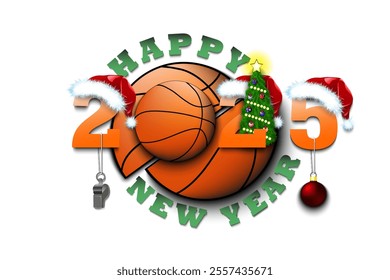 Happy new year. 2024 with basketball ball. Numbers in Christmas hats with whistle and Christmas tree ball. Original template design for greeting card. Vector illustration on isolated background