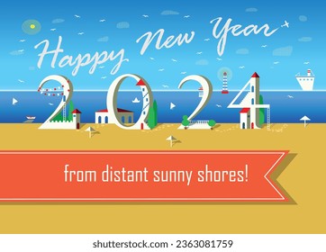 Happy New Year 2024 at the Beach. White text are in the sky as plane trail. The numbers are as beachfront houses. A serene seascape forms the backdrop. Orange banner for personal messages