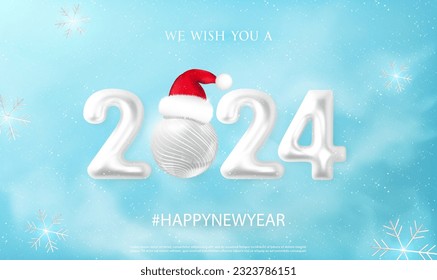 Happy New Year 2024 beautiful design of white metallic numbers 2024 on the snow frost background. Christmas. Festive New Year 2024. Invitation card, banner. Event, holiday expectation. Vector EPS10.