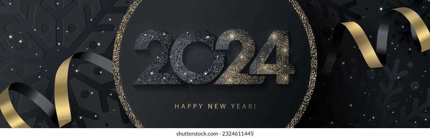 Happy New Year 2024 beautiful sparkling design of numbers on black background with texture of black snowflakes and shining falling snow. Trendy modern winter banner, poster or greeting card template