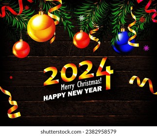 Happy New Year 2024. A beautiful Christmas card with a golden inscription, Christmas balls, fir branches and light bulbs. Vector illustration