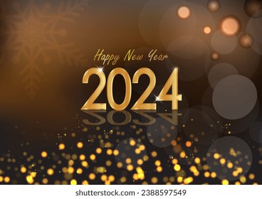 Happy New Year 2024 beautiful sparkling design with golden bokeh lights and snowflake on brown background. Vector illustration for Christmas and New year holiday greeting card.
