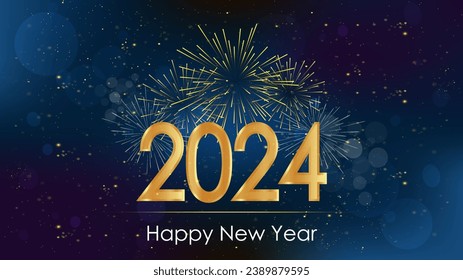 Happy New Year 2024 beautiful sparkling design with golden fireworks and bokeh lights on blue background. Vector illustration for Christmas and New year holiday greeting card.
