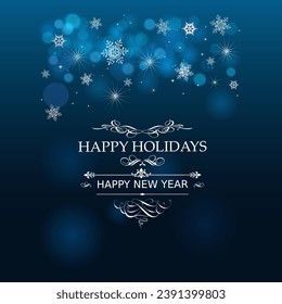 Happy New Year 2024 beautiful sparkling design of numbers on dark blue background with lights, pine branches and shining falling snow