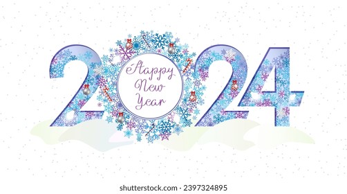 Happy New Year 2024 beautiful postcard. Cute winter design. Snowy backdrop and creative number 20 24 with clipping mask and door wreath. Snowball with text template. Christmas decorative elements.