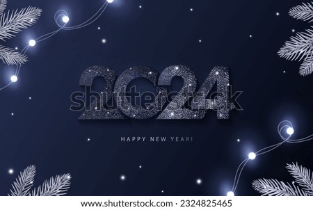 Happy New Year 2024 beautiful sparkling design of numbers on dark blue background with lights, pine branches and shining falling snow. Trendy modern winter banner, poster or greeting card template