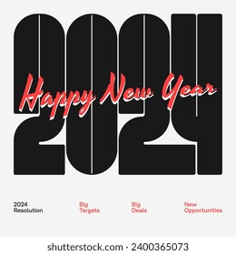 Happy new year 2024, Big Deals, big target, and new opprtunities typography simple vector