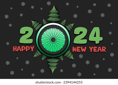 Happy new year. 2024 with bike wheel and Christmas trees. Original template design for greeting card, banner, poster. Vector illustration on isolated background