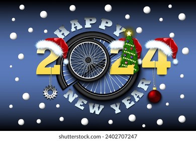 Happy new year. 2024 with bike wheel. Numbers in Christmas hats with bicycle star and Christmas tree ball. Original template design for greeting card. Vector illustration on isolated background