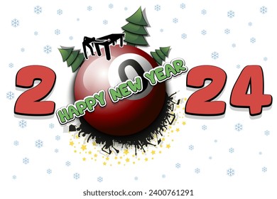 Happy new year. 2024 with billiard ball, Christmas trees, billiard player and fans. Original template design for greeting card, banner, poster. Vector illustration on isolated background
