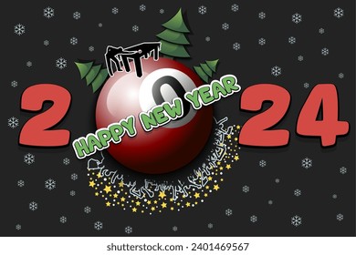 Happy new year. 2024 with billiard ball, Christmas trees, billiard player and fans. Original template design for greeting card, banner, poster. Vector illustration on isolated background