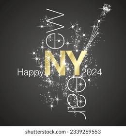 Happy New Year 2024 black light lettering typography sparkle champagne firework golden white black background