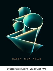 Happy New year 2024. Blue 3D lettering design. Realistic holiday element for greeting card, poster, banner, flyer. The image was created without the use of any form of AI.