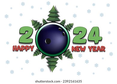 Happy new year. 2024 with bowling ball and Christmas trees. Original template design for greeting card, banner, poster. Vector illustration on isolated background