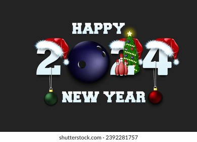 Happy new year. 2024 with bowling ball. Numbers in Christmas hats with skittles and Christmas tree ball. Original template design for greeting card. Vector illustration on isolated background