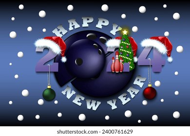 Happy new year. 2024 with bowling ball. Numbers in Christmas hats and Christmas tree ball. Original template design for greeting card. Vector illustration on isolated background
