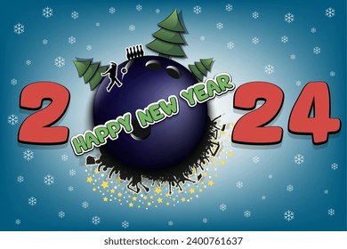Happy new year. 2024 with bowling ball, Christmas trees, bowling player and fans. Original template design for greeting card, banner, poster. Vector illustration on isolated background