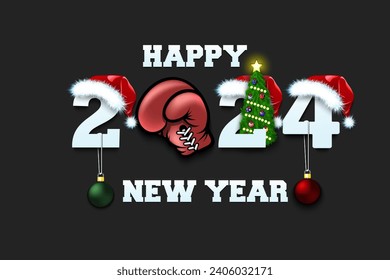 Happy new year. 2024 with boxing glove. Numbers in Christmas hats with Christmas tree balls. Original template design for greeting card. Vector illustration on isolated background
