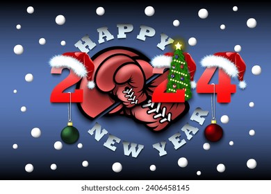 Happy new year. 2024 with boxing glove. Numbers in Christmas hats with Christmas tree balls. Original template design for greeting card. Vector illustration on isolated background