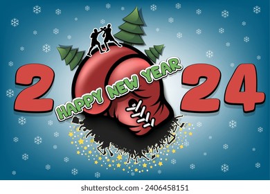 Happy new year. 2024 with boxing glove, Christmas trees, boxers and fans. Original template design for greeting card, banner, poster. Vector illustration on isolated background