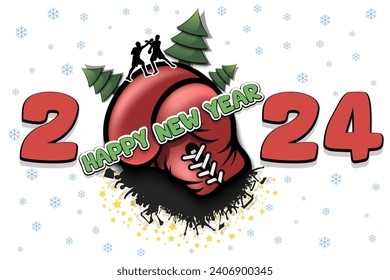 Happy new year. 2024 with boxing glove, Christmas trees, boxers and fans. Original template design for greeting card, banner, poster. Vector illustration on isolated background