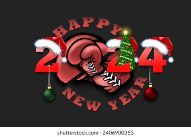 Happy new year. 2024 with boxing glove. Numbers in Christmas hats with Christmas tree balls. Original template design for greeting card. Vector illustration on isolated background