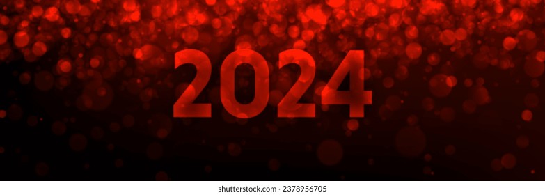 Happy new year 2024 bright red lettering on horizontal abstract banner with bokeh and blurred light particles. Party invitation card. Vector illustration.