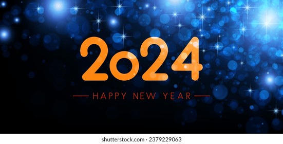 Happy new year 2024 bright orange lettering on horizontal abstract blue banner with bokeh and blurred light particles. Party invitation card. Vector illustration.