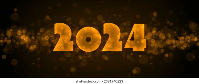Happy new year 2024 bright glossy orange lettering on horizontal abstract banner with bokeh and blurred light particles. Party invitation card. Vector illustration.