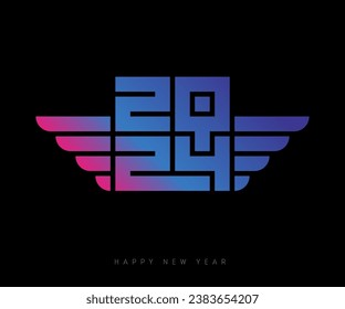 Happy New Year 2024. Brochure or calendar design template. Dark background. Cover of business diary with wishes. Print for T-shirt with inscription 20 24 and stylized wings.