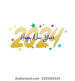 Happy New Year 2024 brush painted text effect calligraphic. Vector illustration background for new year's and happy wishes with stars and balls
