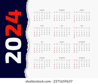 happy new year 2024 calendar template in torn page style vector