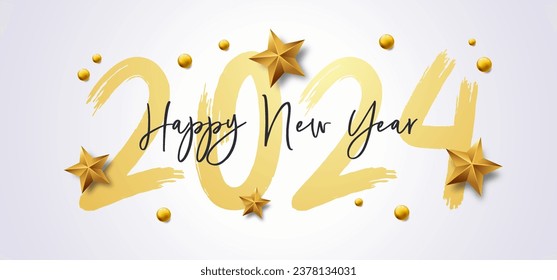 Happy New Year 2024 with calligraphic and brush painted text effect. Vector illustration background for new year's eve and new year resolutions and happy wishes with stars and balls christmas elements