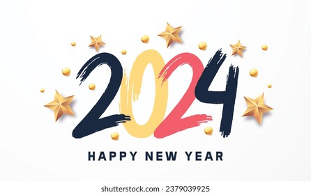 Happy New Year 2024 with calligraphic and brush painted text effect. Vector illustration background for new year's eve and new year resolutions and happy wishes with stars and balls christmas elements