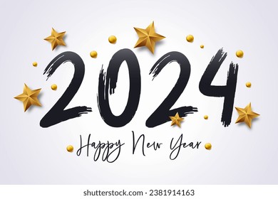 Happy New Year 2024 with calligraphic and brush painted text effect. Vector illustration background for new year's eve and new year resolutions and happy wishes with stars and balls christmas elements