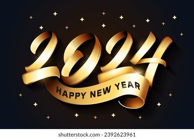 Happy New Year 2024 with calligraphic stripe ribbon text effect. Vector illustration background for new year's eve and new year resolutions and happy wishes with stars confetti fireworks style