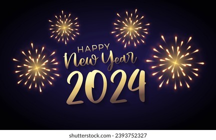 Happy New Year 2024 with calligraphic and brush golden painted text effect. Vector illustration background for new year's eve with fireworks celebration on a purple background