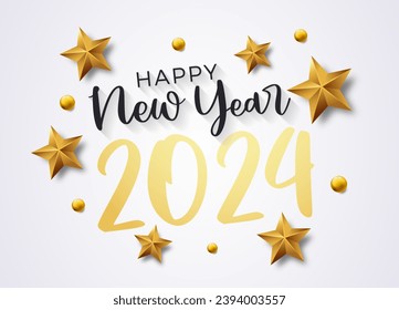 Happy New Year 2024 with calligraphic and brush painted text effect. Vector illustration background for new year's eve and new year resolutions and happy wishes with stars and balls Christmas elements