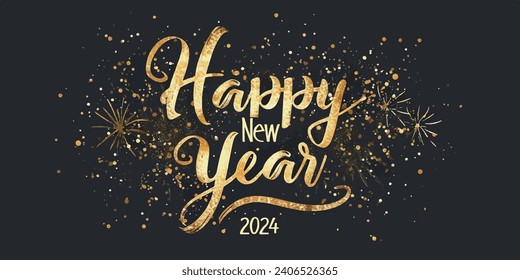 Happy New Year 2024 with calligraphic and brush painted with sparkles and glitter text effect. Vector illustration background for new year's eve and new year resolutions and happy wishes