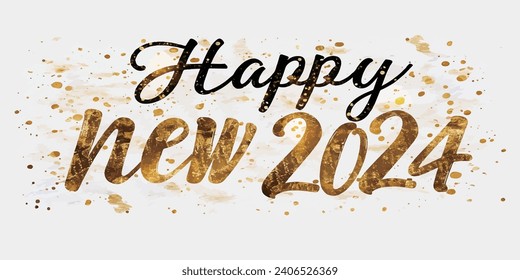 Happy New Year 2024 with calligraphic and brush painted with sparkles and glitter text effect. Vector illustration background for new year's eve and new year resolutions and happy wishes