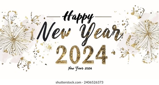 Happy New Year 2024 with calligraphic and brush painted with sparkles and glitter text effect. Vector illustration background for new year's eve and new year resolutions and happy wishes